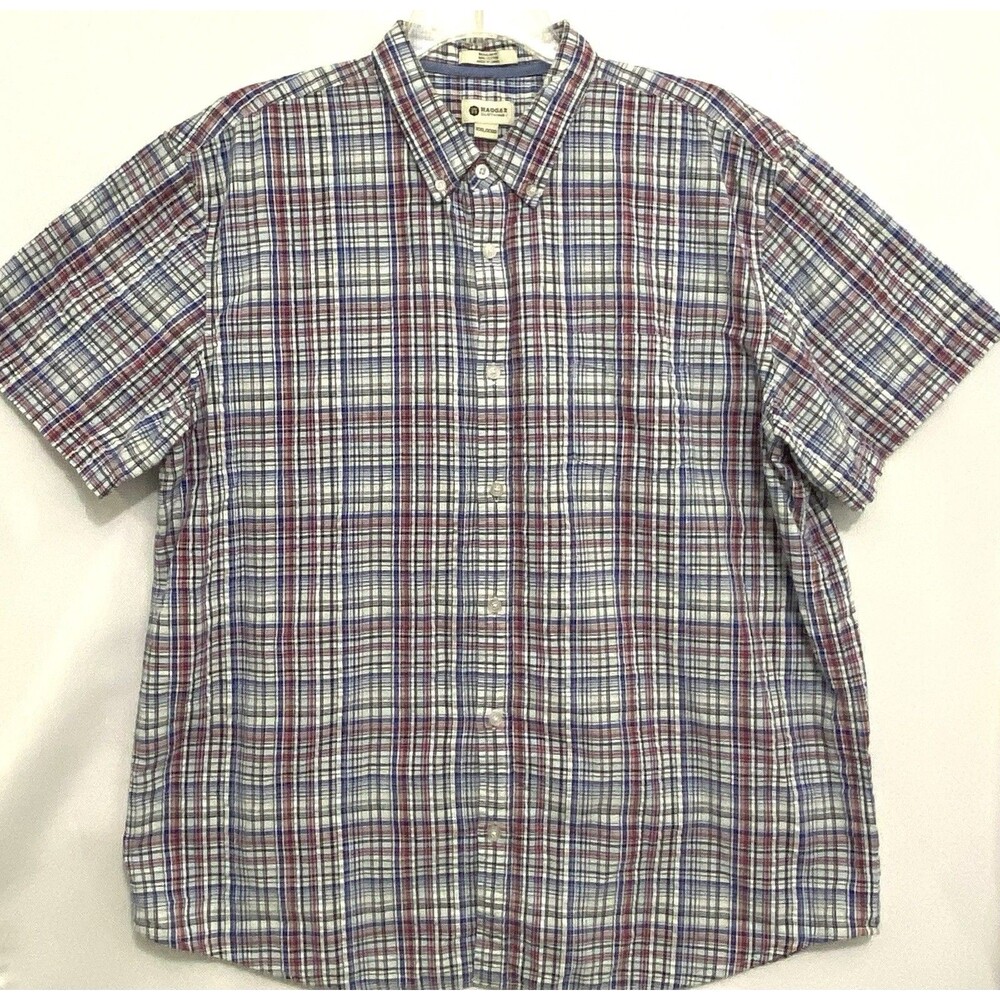 Haggar Mens 2XL Blue Red White Plaid Short Sleeve Button Down Shirt 100% Cotton